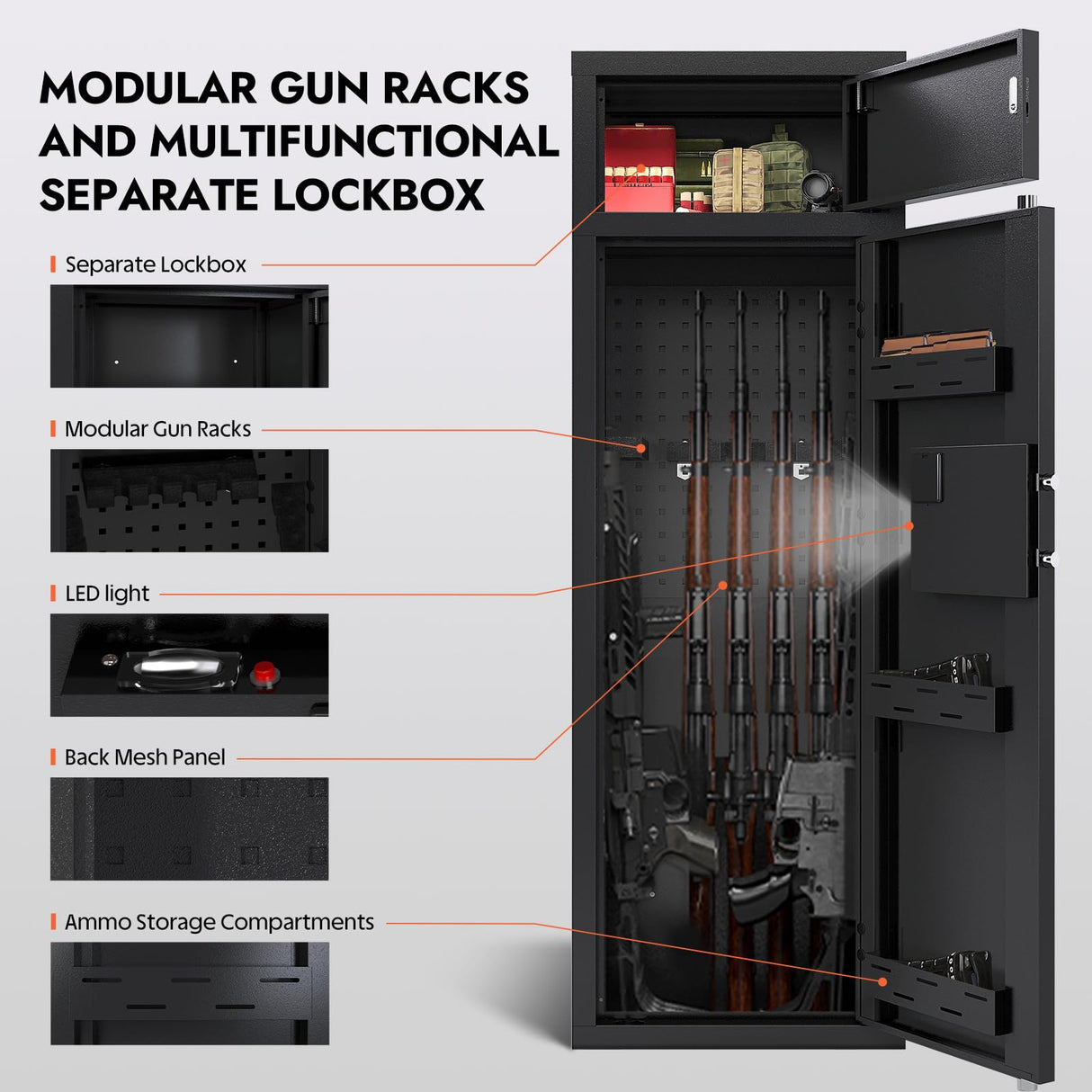 KAER 12-15 Gun Safe for Rifles and Pistols, Electronic Firearm Cabinet for Rifles & Shotguns Large Home Rifle Safe with Removable Shelves & Dedicated Lockbox KAER