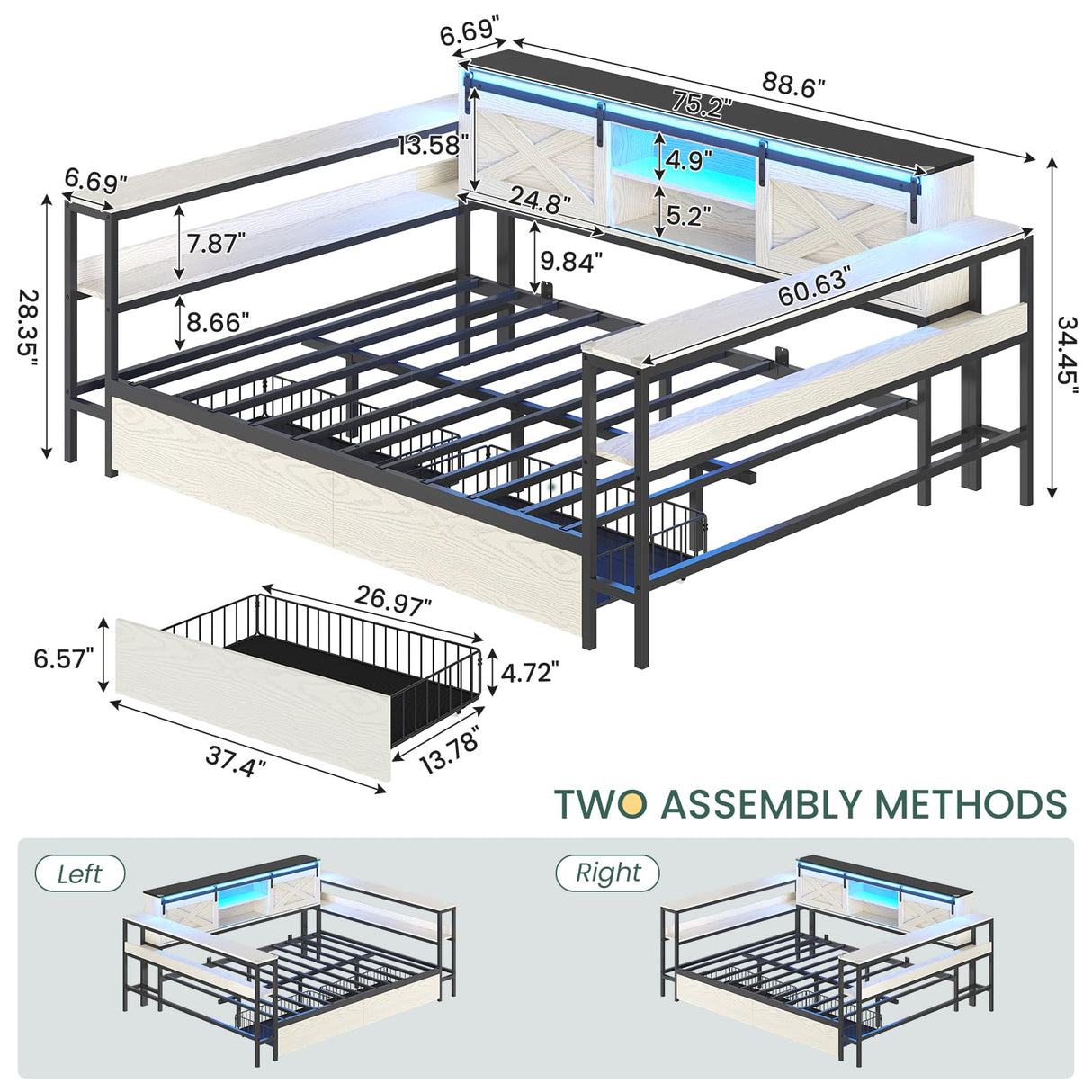 DICTAC Corner Full Bed Frame with Storage Drawers and Charging Station Farmhouse Metal Platform Bed Frame with Sliding Barn Doors and Led Lights Full Daybed with Storage Headboard,Black & White DICTAC
