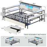 DICTAC Corner Full Bed Frame with Storage Drawers and Charging Station Farmhouse Metal Platform Bed Frame with Sliding Barn Doors and Led Lights Full Daybed with Storage Headboard,Black & White DICTAC