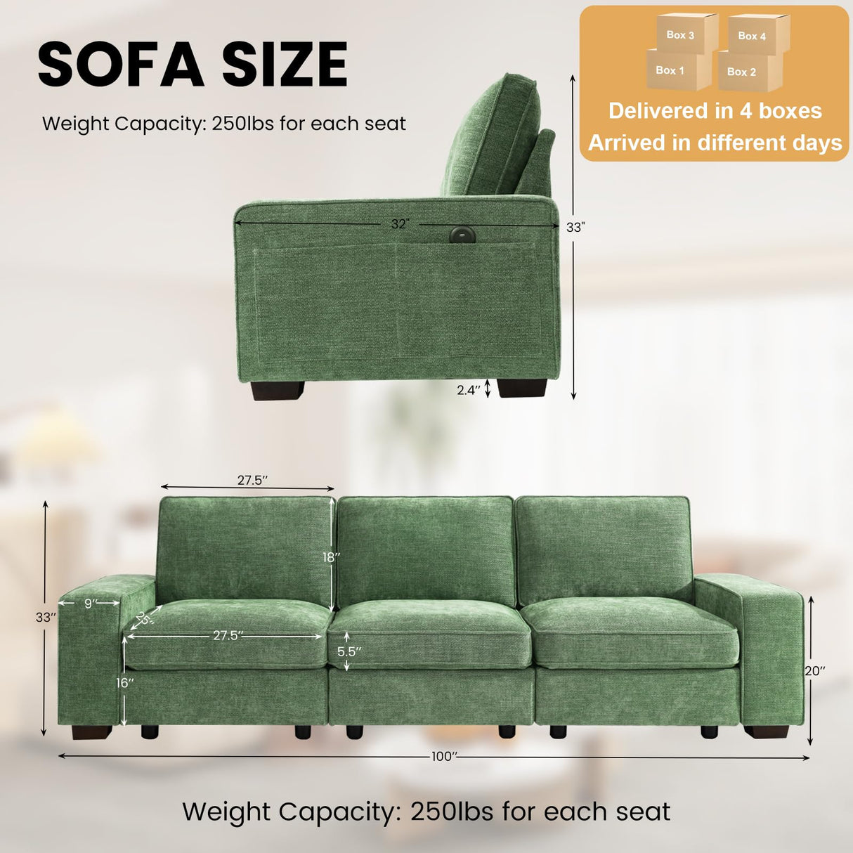 TEKAMON 100" Modular Sofa with Seats Storage, Comfy 3-Seater Chenille Fabric Couch for Living Room, Office, Apart W/Deep Seat, USB Charging, Upholstered Couch with Removable Cover(Green) TEKAMON