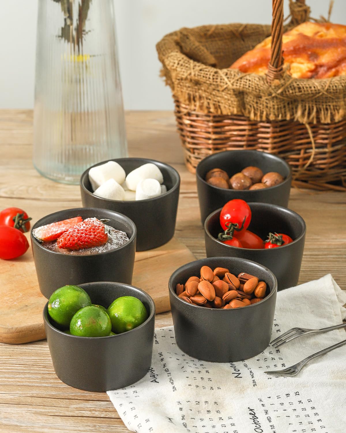 Tikooere Ramekins 6 oz, Oven Safe Soufflé Dishes for Creme Brulee, Souffle, Pudding, Lava Cake, Stoneware Custard Cups for Baking, Ceramic Sauce Bowls Set of 6, Kitchen Decor Gift, Matte Black Tikooere
