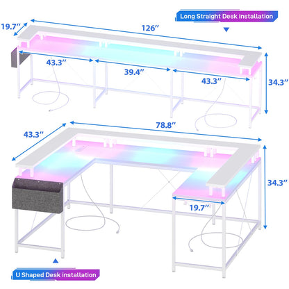 Jojoka U Shaped Computer Gaming Desk, Reversible L Shaped Desk with Power Outlets, LED Strip & Monitor Stand, Large Corner Desk with Storage Shelves for Home Office, White - WoodArtSupply