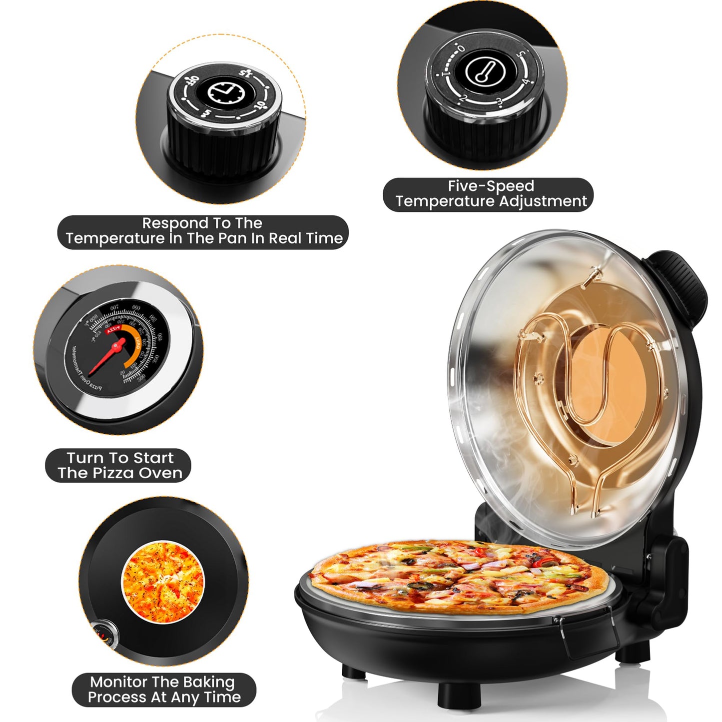 Pizza Oven, 12-Inch Pizza Oven Indoor, 1200W Portable Pizza Maker, Electric Pizza Oven with Timer, Temperature Controller, Suitable for Home, Outdoor, Pizza Shop