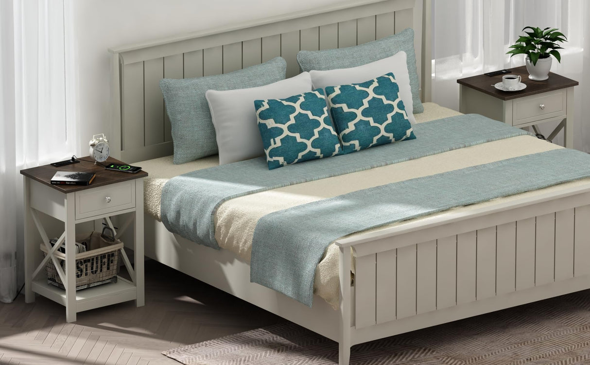 Treocho Farmhouse End Table Set of 2,Nightstand with Charging Station, X-Design Side Table with 2 AC and USB Power Outlets, Small Night Stand with Storage Drawer and Open Shelf for Living Room Treocho