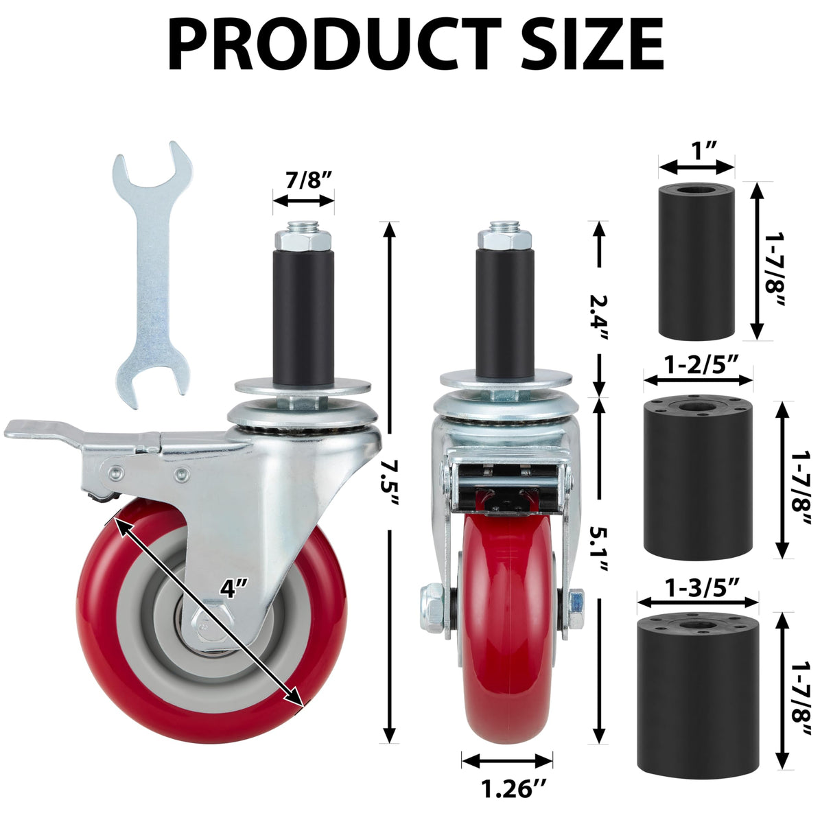 Finnhomy 4 Inch Prep Table Caster Wheels Set of 4 Heavy duty Expanding Stem Casters Fit 7/8", 1", 1-1/2" and 1-5/8" Tube Leg with Brake for Stainless Steel Furniture Legs, Worktable, Kitchen workbench Finnhomy