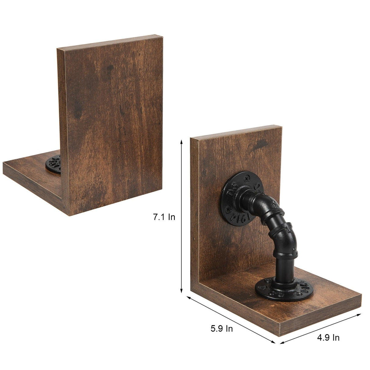 Rustic Decorative Wooden Tabletop Farmhouse Bookends for Heavy Books with Modern Industrial-Style Pipe Office Desktop Bookshelf Organizers Stoppers Holder Nonskid Shelf Decor 1-Pair (Dark Brown) canwedance