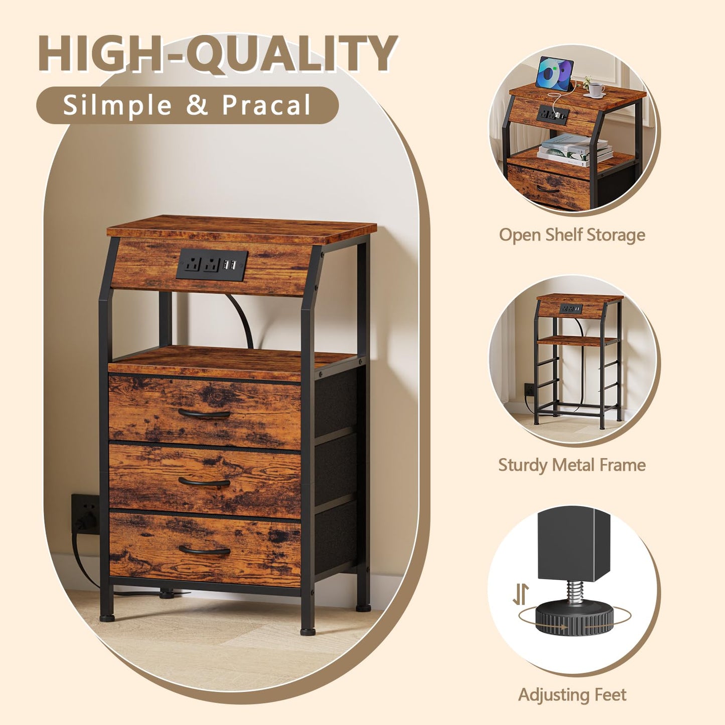 Furnulem Night Stand with Charging Station, Small Bedside Table with Wood Shelf, End Table with USB Ports & Outlets, 3 Fabric Drawers Side Table for Bedroom, Closet, 3 Ways to Use, Rustic Bro - WoodArtSupply