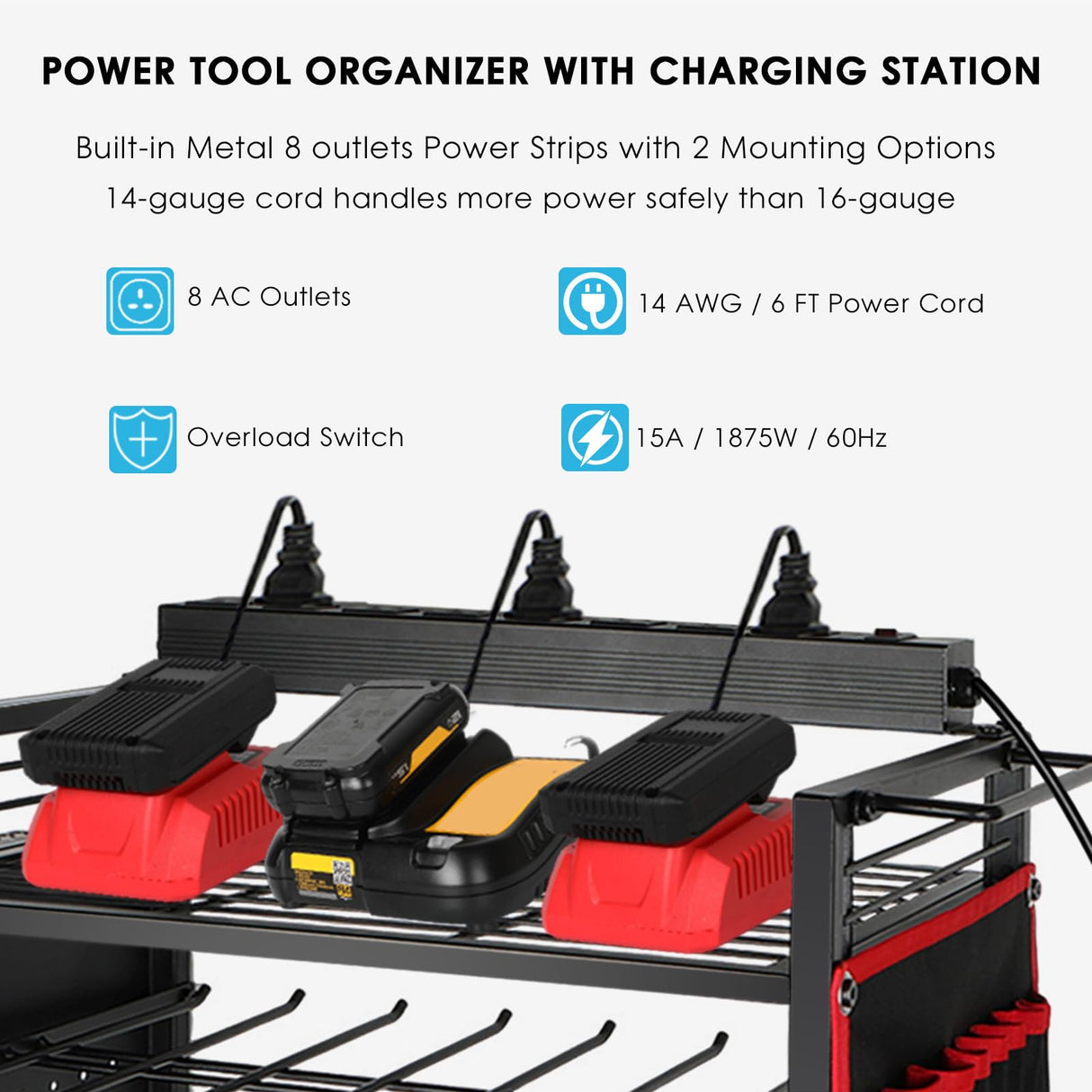 ElecVoztile Garage Power Tool Organizer Cart with Charging Station, Floor Stand Rolling Drill Holder and Tool Battery Storage Cart on Wheels, 3-Layer Utility Rack Shelf with 8 Outlet Power Strip,Black ElecVoztile