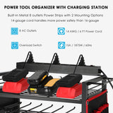 ElecVoztile Garage Power Tool Organizer Cart with Charging Station, Floor Stand Rolling Drill Holder and Tool Battery Storage Cart on Wheels, 3-Layer Utility Rack Shelf with 8 Outlet Power Strip,Black ElecVoztile