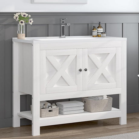 4ever2buy Farmhouse Bathroom Vanity with Sink, 35 Inch Bathroom Vanity Cabinet with 2 Doors and Open Shelf, White Bathroom Cabinet with Ceramic Basin, Freestanding 4ever2buy