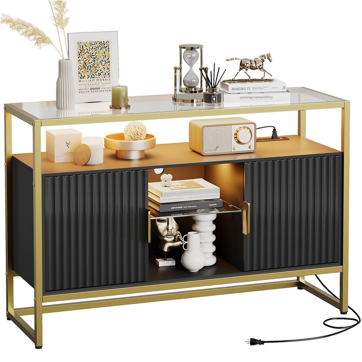 Bestier Coffee Bar Cabinet with Power Outlet, 47" Modern Buffet Cabinet with Storage, Glass Shelves, and LED Light, Fluted Bar Cabinet with Door for Living Room, Bedroom, Classic Black Bestier