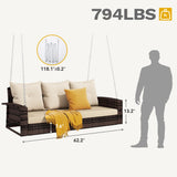 DWVO 3 Seats Porch Swing Hanging Bench Swing Outdoor Wicker Patio Swing Lounge Front Rattan Swing 794lbs for Garden, Balcony, Brown&Beige DWVO