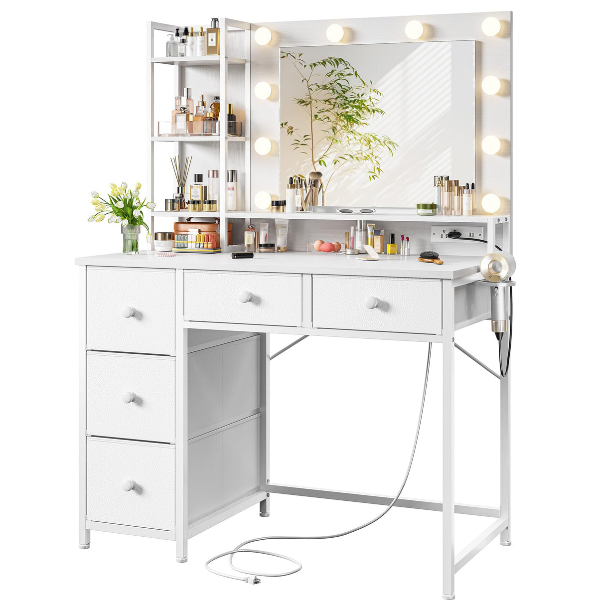 EnHomee White Vanity Desk with Mirror and Lights, Vanity Desk with 5 Fabric Drawers & Power Outlet, 3 Lighting Modes Adjustable Brightness, Bedroom Dressing Table, White EnHomee