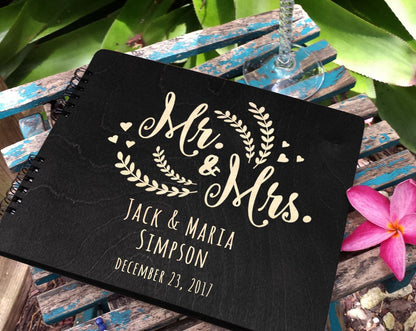 Personalized Wedding Guest Book Mr Mrs Wooden Rustic Vintage Bridal Black Mahogany Oak or Cocoa Unique Wood Hardcover Finish Options