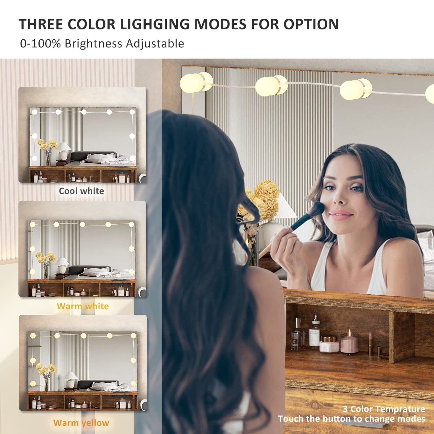 Vabches Makeup Vanity with Lighted Mirror & Power Outlet, White Vanity Set Vanity Desk, Clearance Makeup Vanity 3 Lighting Colors, Brightness