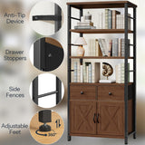 HOOBRO Bookshelf with Doors, Rustic Bookshelf with Drawers, Industrial Display Standing Shelf Units, Wooden and Metal Storage Shelf for Living Room, Home Office, Dining Room, Walnut and Black BH75SJ01 HOOBRO