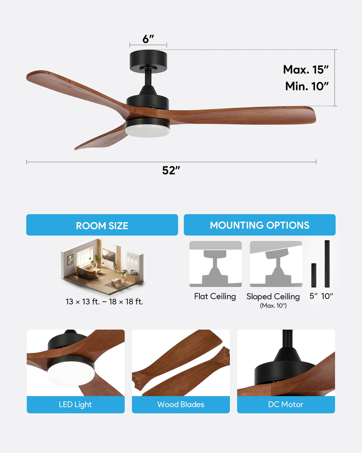 VONLUCE Ceiling Fans with Lights, 52 Inch Ceiling Fan and Remote, 6 Speed Reversible Noiseless DC Motor, 3CCT, Wood Ceiling Fan for Outdoor Indoor Farmhouse Patios, Walnut VONLUCE