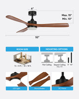 VONLUCE Ceiling Fans with Lights, 52 Inch Ceiling Fan and Remote, 6 Speed Reversible Noiseless DC Motor, 3CCT, Wood Ceiling Fan for Outdoor Indoor Farmhouse Patios, Walnut VONLUCE