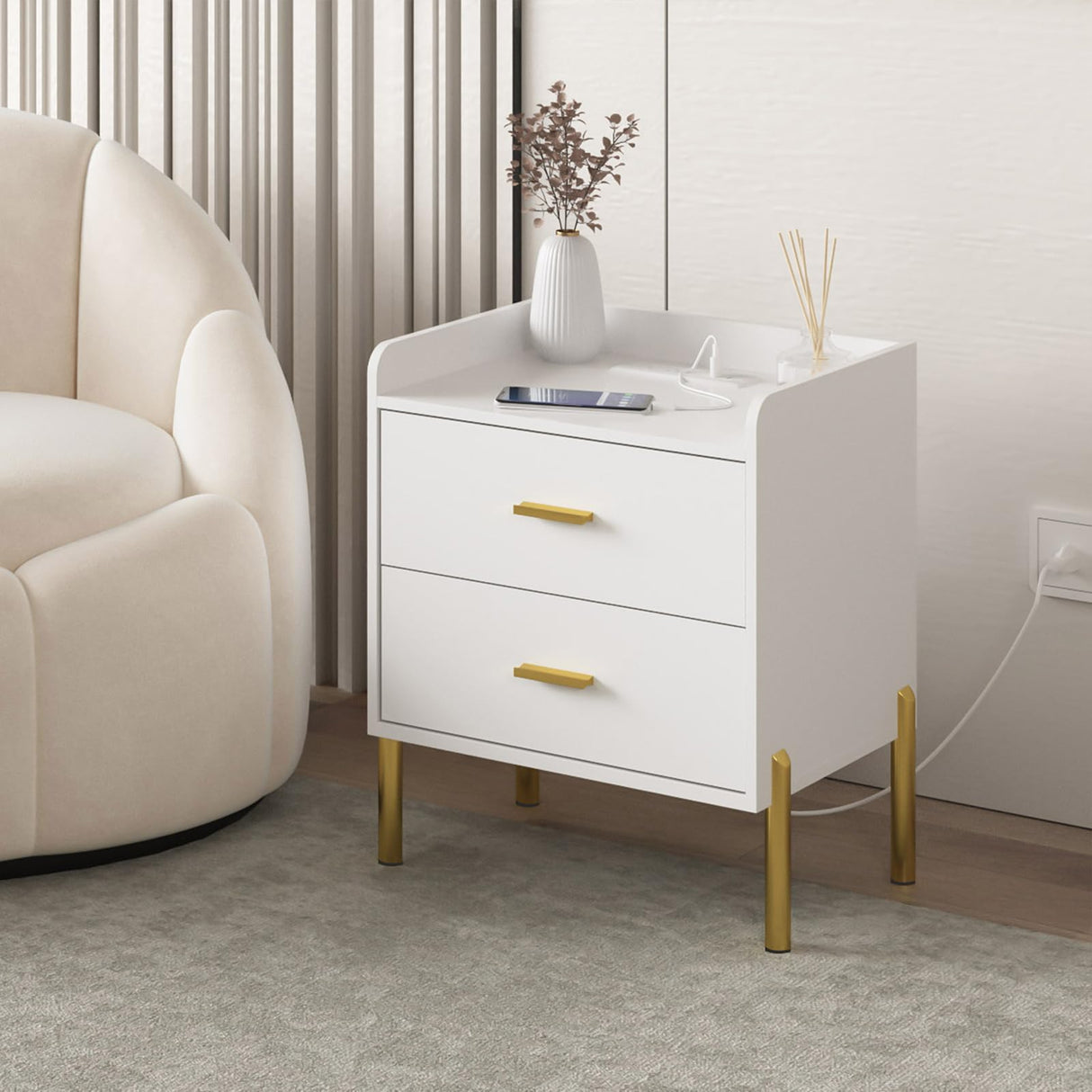 White Nightstand Set of 2,Mid Century Modern End Table with Charging Station,Farmhouse Storage Night Stand Bedside with 2 Drawer HOSEOKA