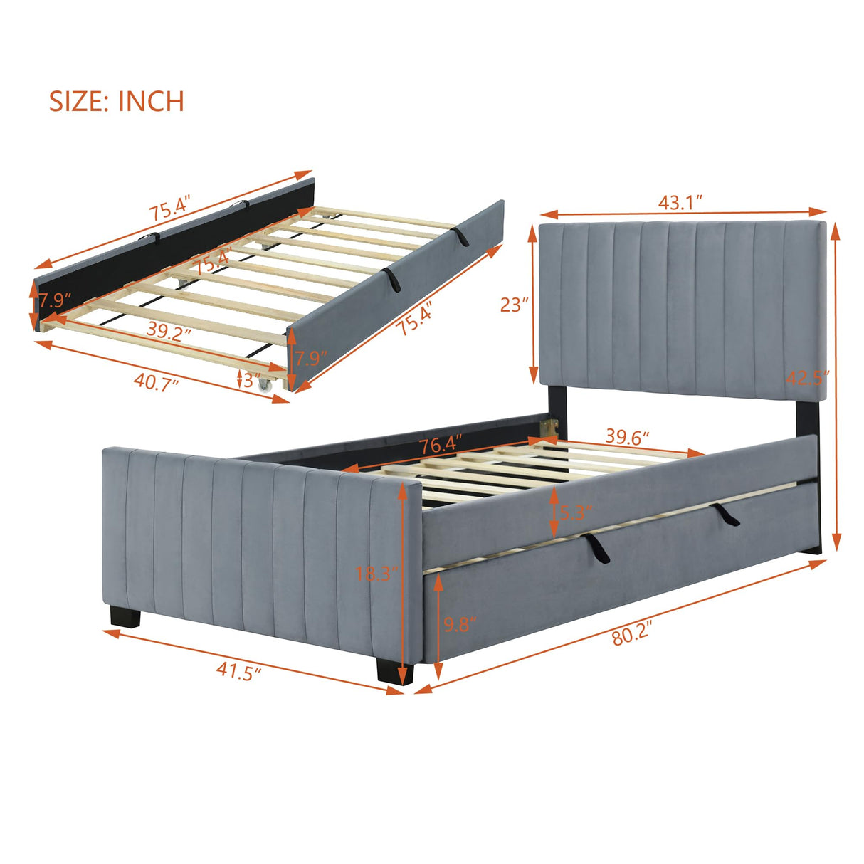 Twin Bed Frame with Trundle Bed,Velvet Upholstered Bed Frame,Twin Size Trundle Bed with Headboard,Upholstered Platform Bed Twin for Kids Teens Adults(Gray) Bellemave