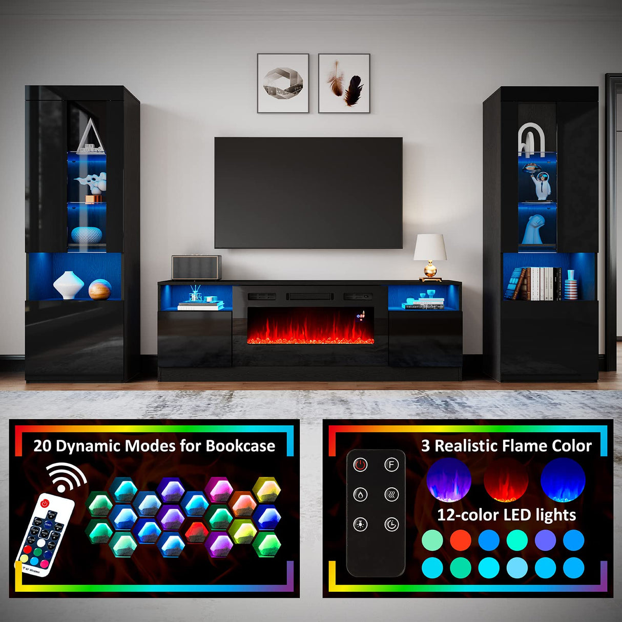 AMERLIFE Fireplace TV Stand with 36" Electric Fireplace, LED Light Entertainment Center, Modern Wood Texture Entertainment Stand with Highlight Storage Cabinet for TVs Up to 80", 70 inches, Black AMERLIFE