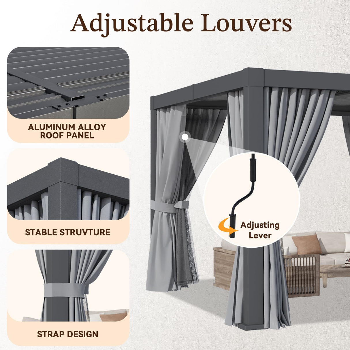 Jolydale Louvered Pergola 12ft x 20ft Outdoor Aluminum Pergola with Adjustable Top for Decks, Gardens and Backyards, Gray Jolydale