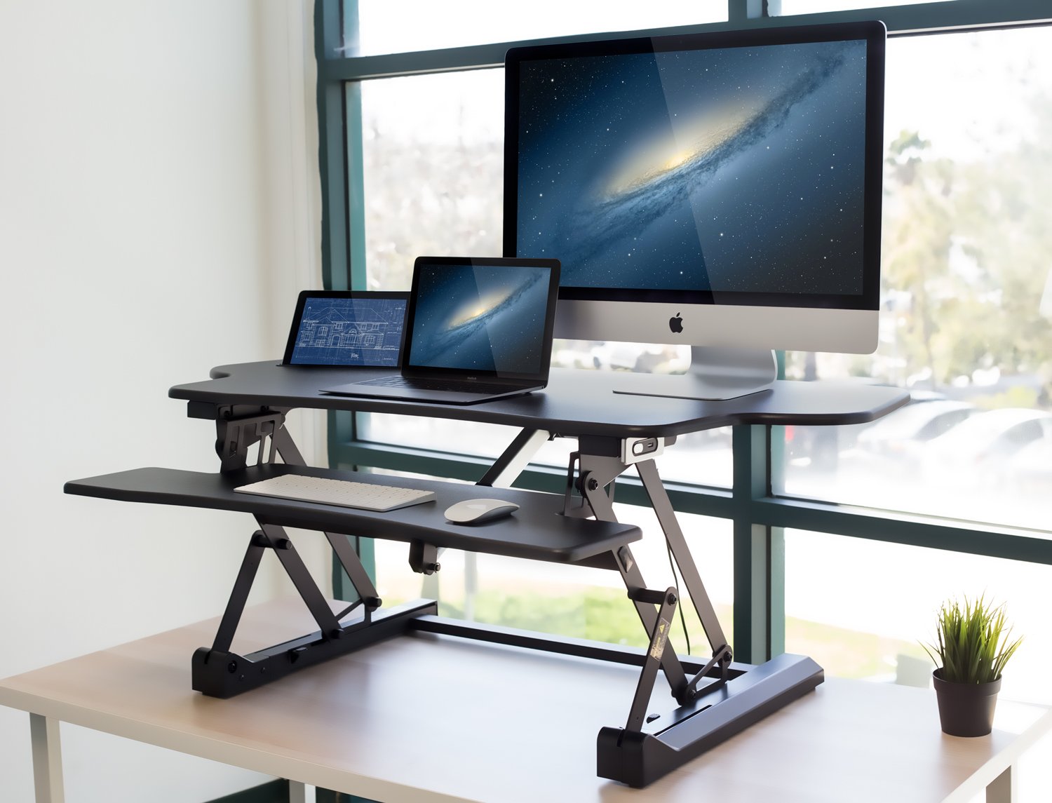 Mount-It! Adjustable Height Standing Desk Converter, Extra Large 48” Wide Tabletop for Dual Monitors, Stand Up Desk Riser to 19.25" Tall - Electric Raising Desk Convertor in Black - WoodArtSupply