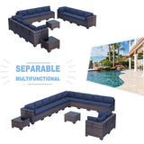 Kullavik 14PCS Outdoor Patio Furniture Set PE Wicker Rattan Sectional Sofa Patio Conversation Sets,Navy blue Kullavik