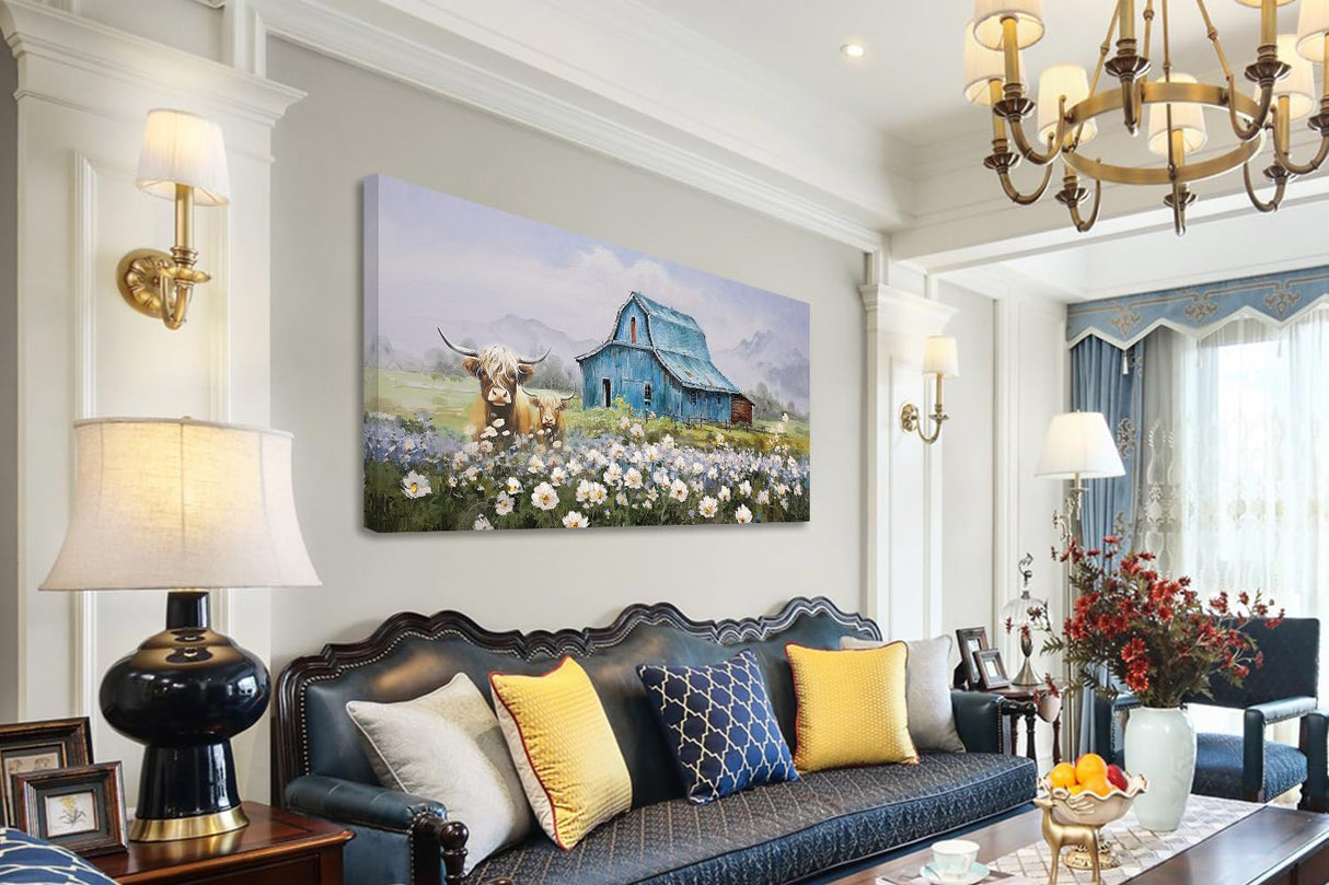 Anolyfi Blue Barn Picture Farmhouse Canvas Wall Art Highland Cow and White Flowers Landscape Textured Painting Large Scenery Artwork Framed for Living Room Bedroom Bathroom Office Home Decor 40"x20" Anolyfi