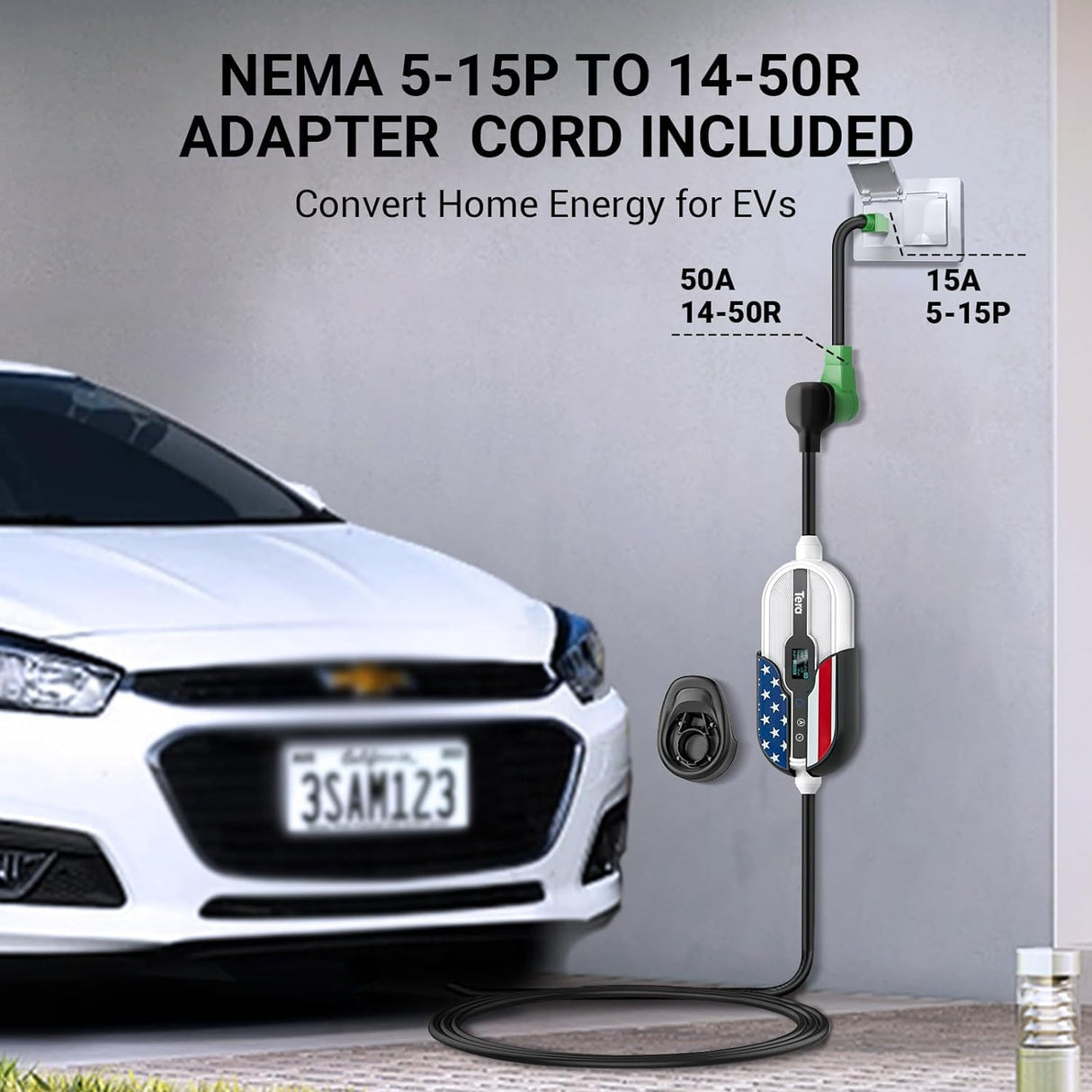 Tera Electric Vehicle Charger for Tesla: Level 1 & 2 J1772 EV Portable 32A 8A 110V 240V Wall Connector Dual Use ETL NEMA 14-50 & 5-15 Wi-Fi Enabled 25FT Cable with Holder P01 Tera