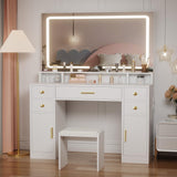 ANWBROAD Vanity Desk Set with Large LED Lighted Mirror Power Outlet Makeup Vanity Table 3 Color Lighting Modes Dressing Table with 5 Drawers and 2 Cabinets Cushioned Stool for Bedroom, White UBDT57W ANWBROAD