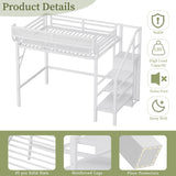 Mirightone Twin Size Loft Bed with Stairs and Storage, Metal Loft Bed Frame with A Shelf and Large Under-Bed Space, Heavy-Duty Loft Beds for Kids Boys Girls Teens, White Mirightone