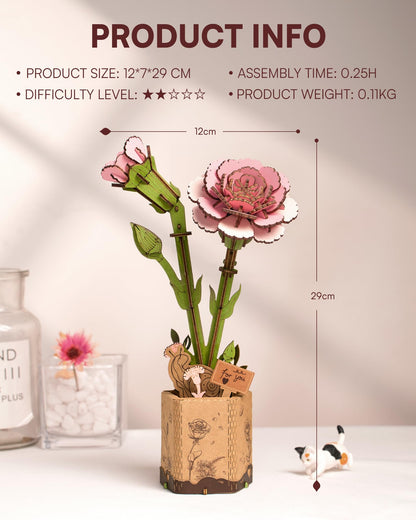 ROBOTIME 3D Puzzle Wooden Flower Pink Carnation DIY Model Kit to Build for Adults Artifical Bouquet Collection Craft Brain Teaser Puzzle Creative Gift Home Decor - WoodArtSupply