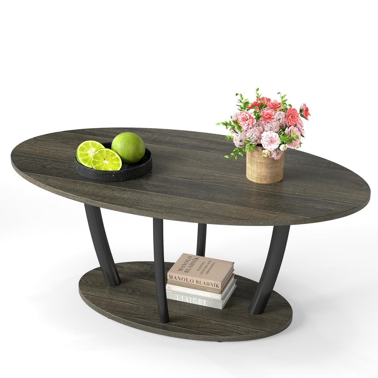 Manora Rustic Small Oval Coffee Table for Living Room, Narrow Wood Center Table with Shelf, Retro Style Coffee Table with Curved Metal Legs, Stable and Easy Assembly, Gray Manora