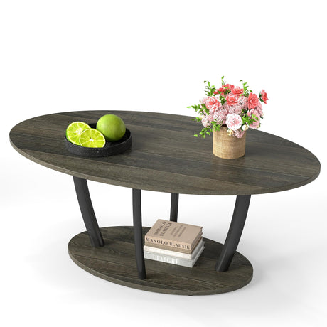 Manora Rustic Small Oval Coffee Table for Living Room, Narrow Wood Center Table with Shelf, Retro Style Coffee Table with Curved Metal Legs, Stable and Easy Assembly, Gray Manora