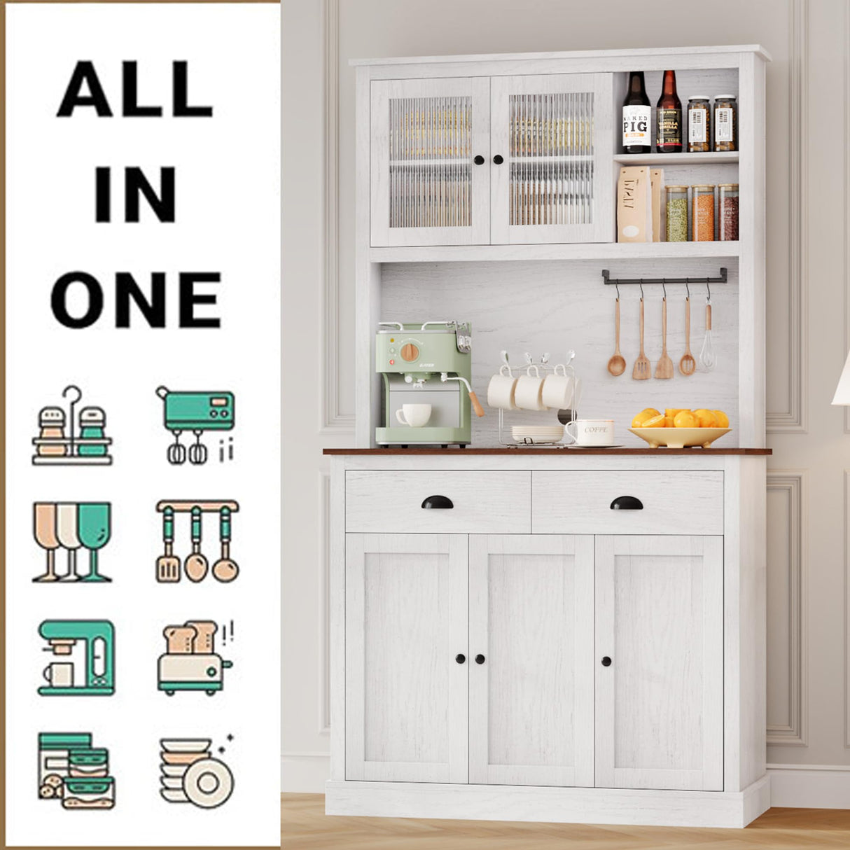 IDEALHOUSE Pantry with Drawers and Adjustable Shelves, 71”Tall Freestanding Kitchen Pantry Cabinet with Microwave Stand, Hutch Cabinet for Kitchen, Dining Room, White IDEALHOUSE
