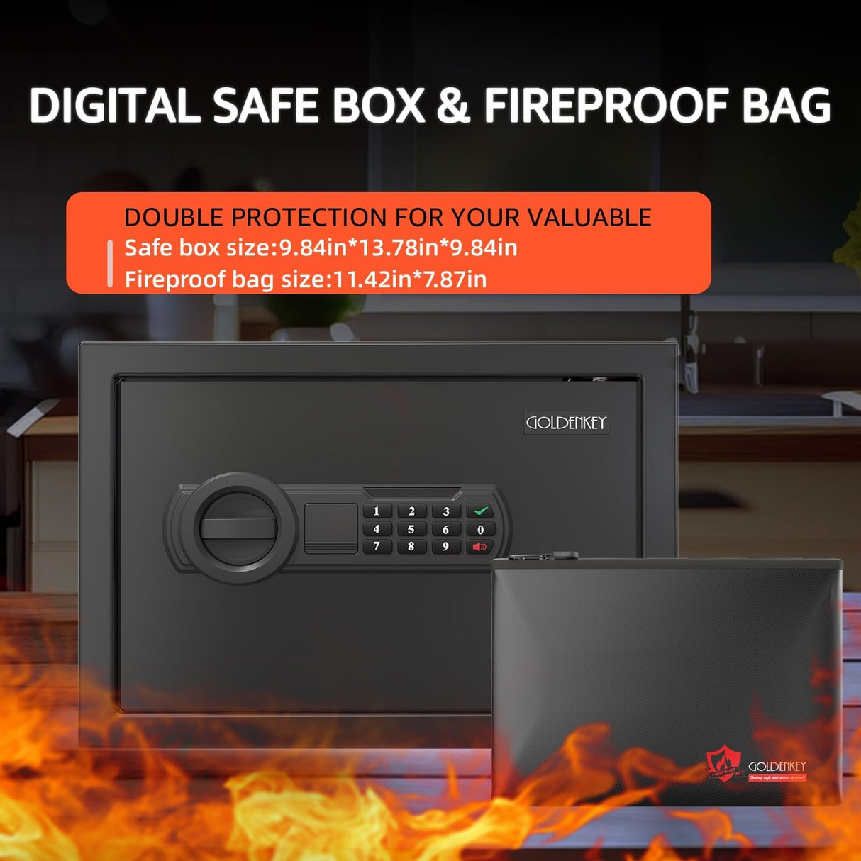 Goldenkey 1.2 Cu.Ft Modern Fireproof Safe – Digital Safe with Fireproof Bag, Keypad & Key, Protects Documents, Cash & Valuables, 9.84"D x 13.78"W x 9.84"H GOLDENKEY