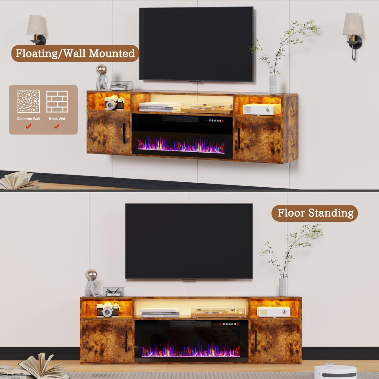PRETZI Floating Fireplace TV Stand, 70" Wall Mounted Entertainment Center with 36" Fireplace for TVs Up to 80", LED Modern Wood TV Console with High Gloss Cabinet for Living Room (Brown) PRETZI