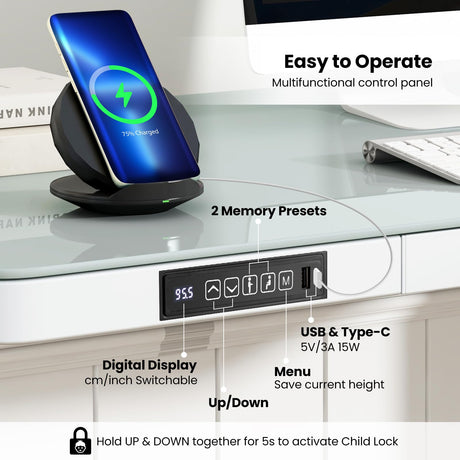Tangkula Glass Standing Desk with Drawer, 48” x 24” Height Adjustable Electric Stand Up Desk with Tempered Glass Top, Sit Stand Desk with Memory Positions & USB Type-C Outlets for Home Office (White) Tangkula