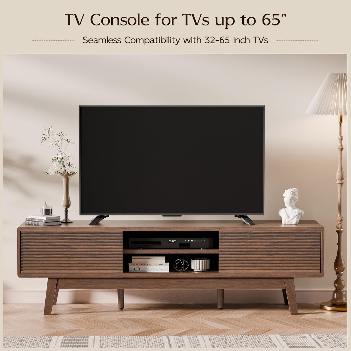 TOLEAD TV Console, Mid Century Modern Media Console for 55/60/65 Inch TV, Low Profile TV Stand with Fluted Sliding Doors, Boho Light Wood Credenza for Living Room (Walnut, 59") TOLEAD