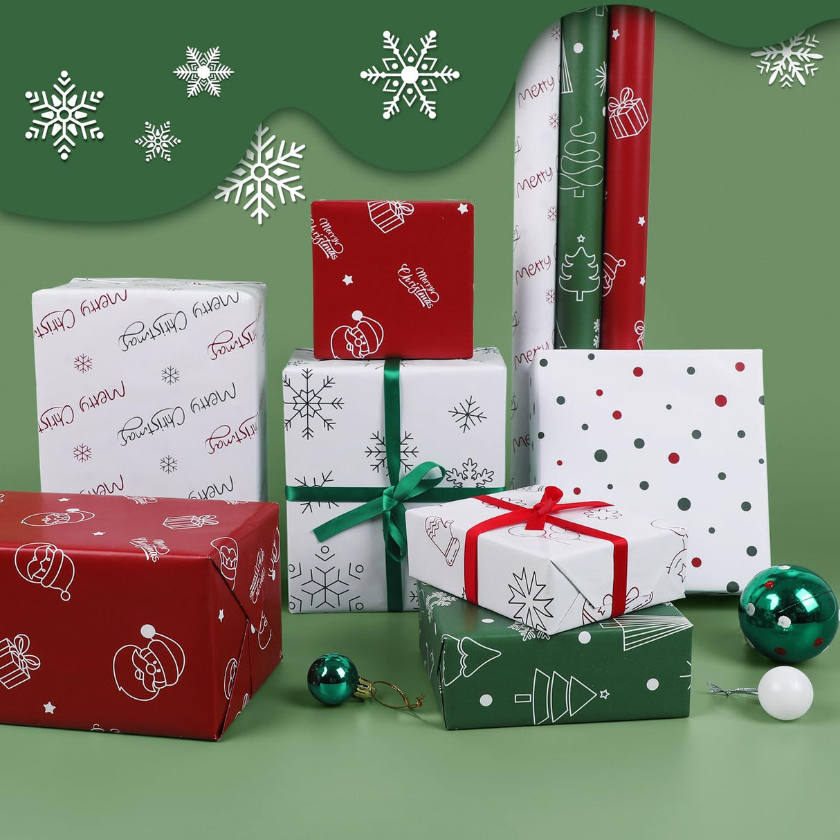 WRAP STORM Reversible Christmas Wrapping Paper – 3 Rolls (17" x 120") – Gift Wrap with 6 Holiday Designs: Santa, Trees, Snowflakes & Festive Dots WRAP STORM