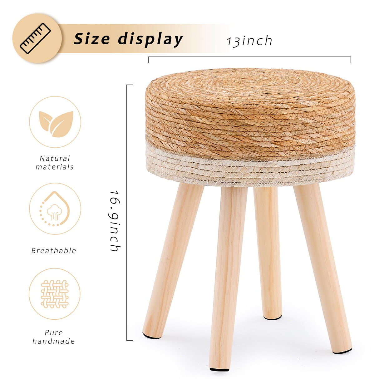LGENHOOM Handwoven Outdoor Ottoman, Water Hyacinth Pouf Round Patio Footstool with Wood Legs, 17-Inch Multipurpose Vanity Stool, Dining Chair, Patio Footrest for Balcony and Garden, White LGENHOOM