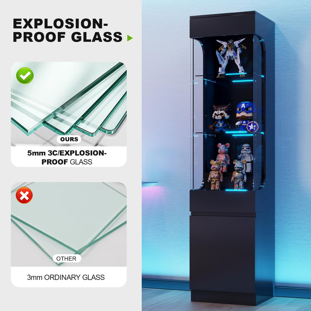 MEISSALIVVE Glass Display Cabinet, 3-Tier Display Case with 7 Color Led Lights, 70.87''H Lighted Curio Cabinet for Collectibles, Trophy, High Gloss, Black MEISSALIVVE