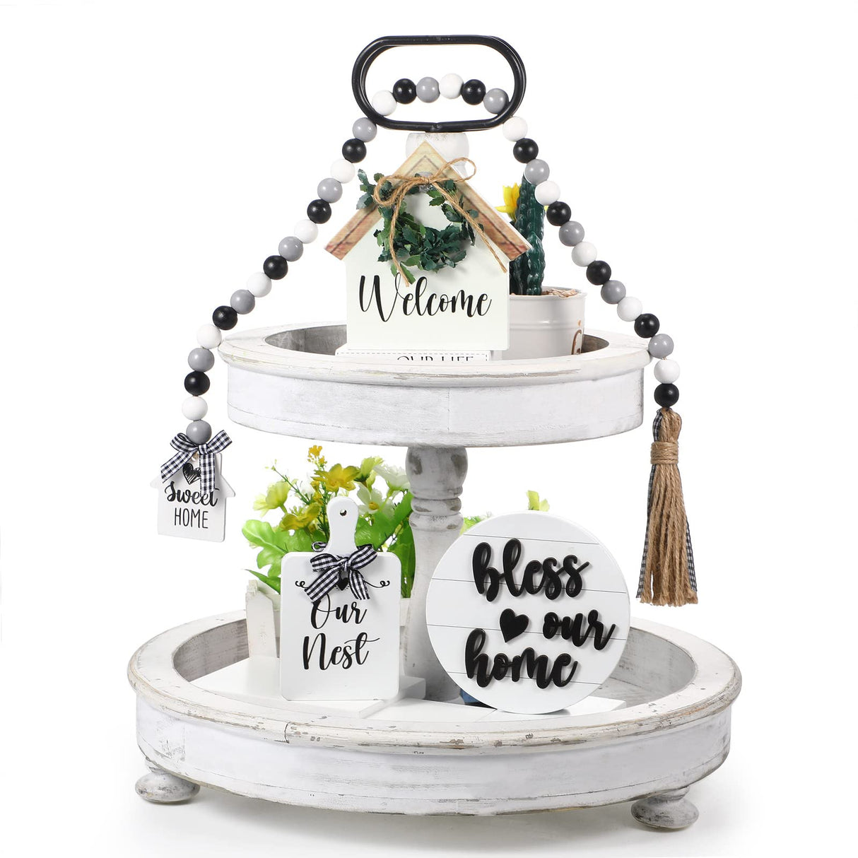 4 Pieces Farmhouse Tiered Tray Decor Set Including House Farmhouse Sign Wooden Small Items Plaid Wood Bead Garland for Home Decor(Simple Style) Yookeer