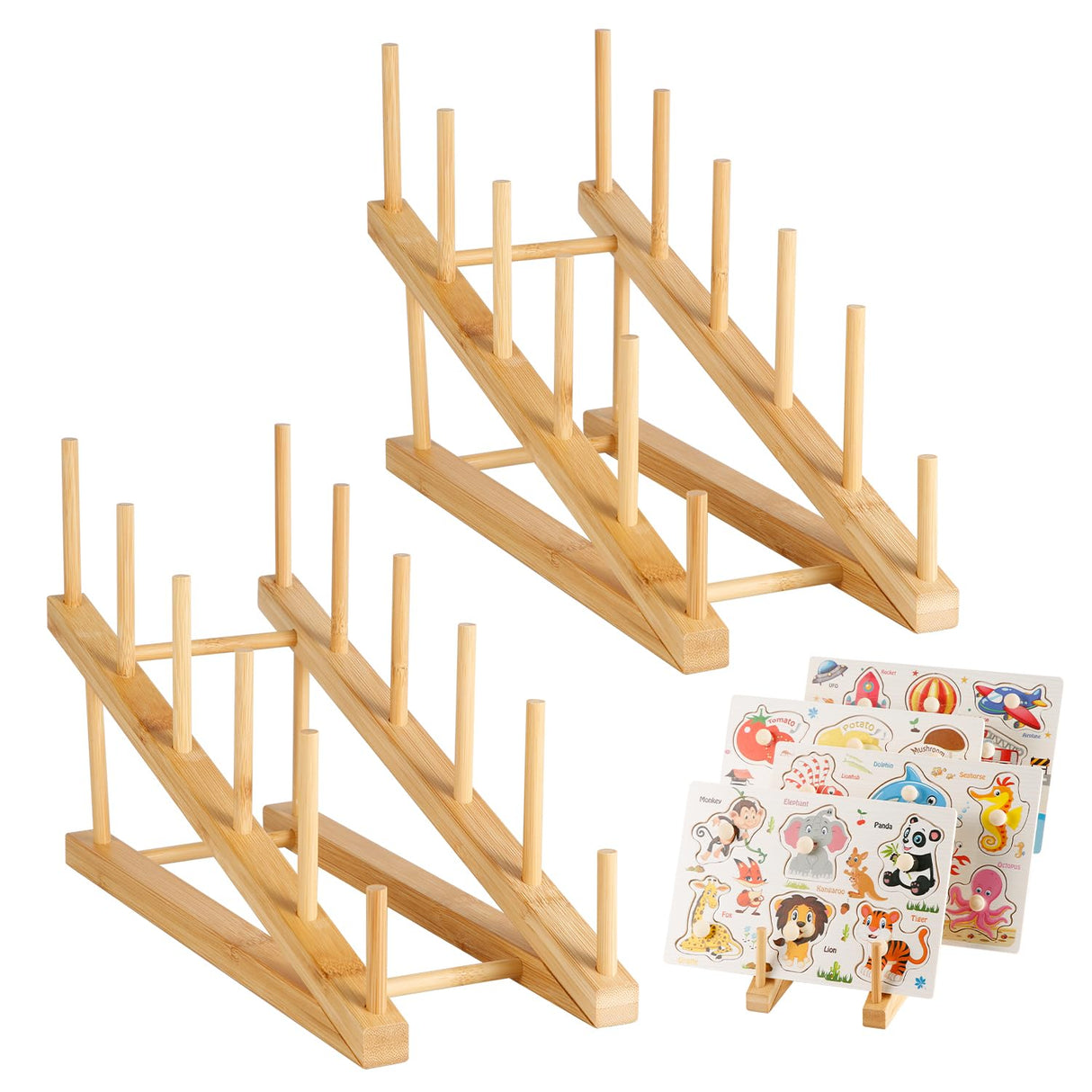 2pcs Wooden Puzzle Storage Rack, Slope Puzzle Display Stand Hold Up to 10 Sets Non-Skidding Puzzle Organizer Holder for Books Collection Lovers PEUTIER