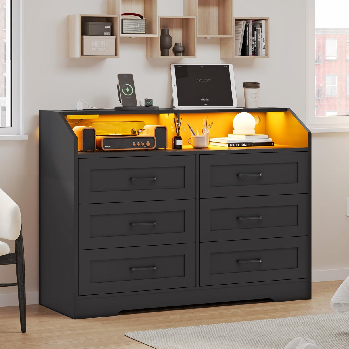 DICTAC LED Dresser for Bedroom, 6 Drawer Dresser with Charging Station, Chest of Drawers with Storage Cubby, Storage Organizer Unit for Bedroom, Closet, Living Room, Black DICTAC