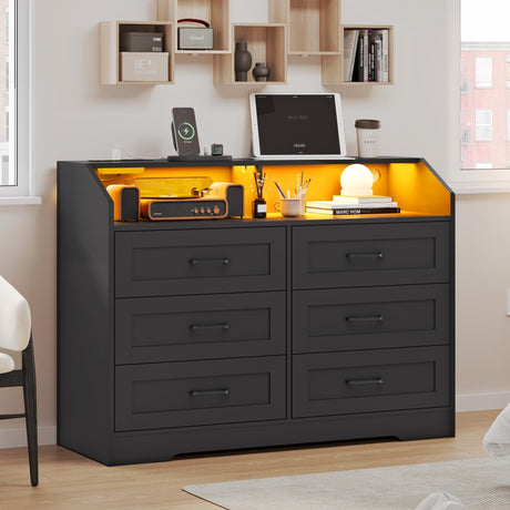 DICTAC LED Dresser for Bedroom, 6 Drawer Dresser with Charging Station, Chest of Drawers with Storage Cubby, Storage Organizer Unit for Bedroom, Closet, Living Room, Black DICTAC