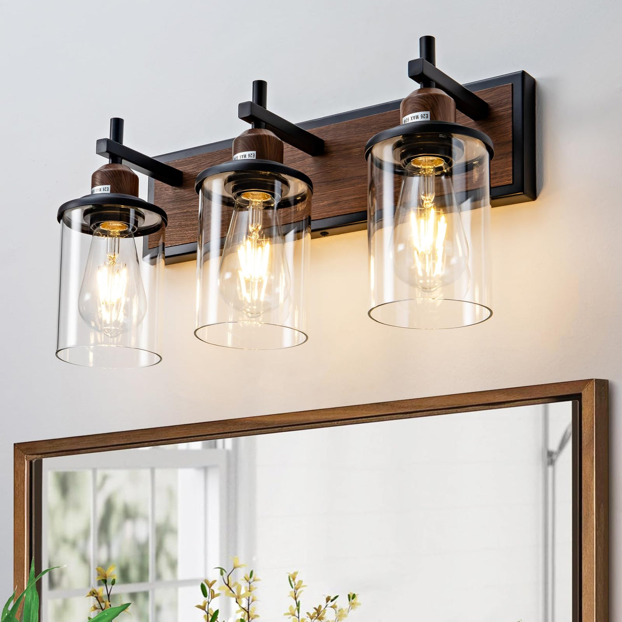 Lanhall 3-Light Farmhouse Bathroom Light Fixtures Vintage Bathroom Vanity Lights Over Mirror Black and Wood Painted Metal Vanity Light for Bathroom with Glass Shades E26 Socket Lanhall