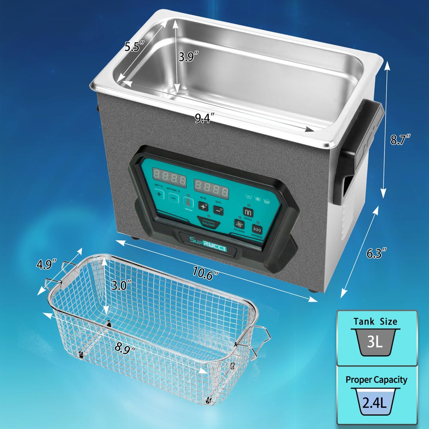 SupRUCCI Ultrasonic Cleaner 3L High Power 120W 0.8 gal Ultrasonic Parts Cleaner with Heater and Timer Professional for Tool Parts Carburetor 3D Resin Printed Cleaning - WoodArtSupply