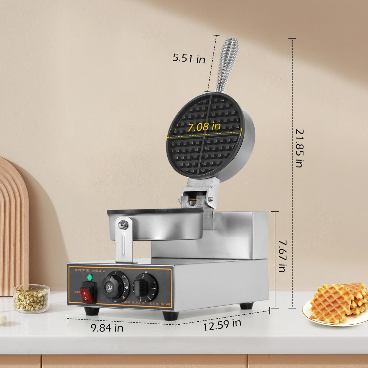 Dyna-Living Waffle Maker Commercial Waffle Maker Machine 110V 1200W Non-stick Waffle Iron Maker Stainless Steel Round Commercial Waffle Maker for Restaurant Dyna-Living